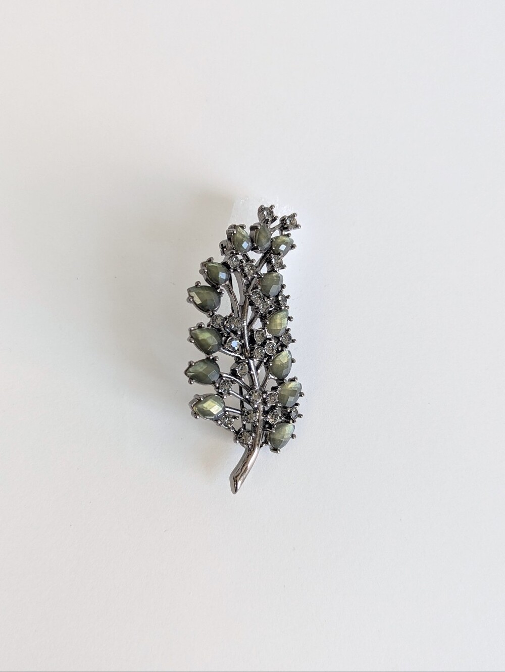 Gunmetal Tone Leaf Brooch Gray Olive Rhinestone Crystal Statement Pin Costume